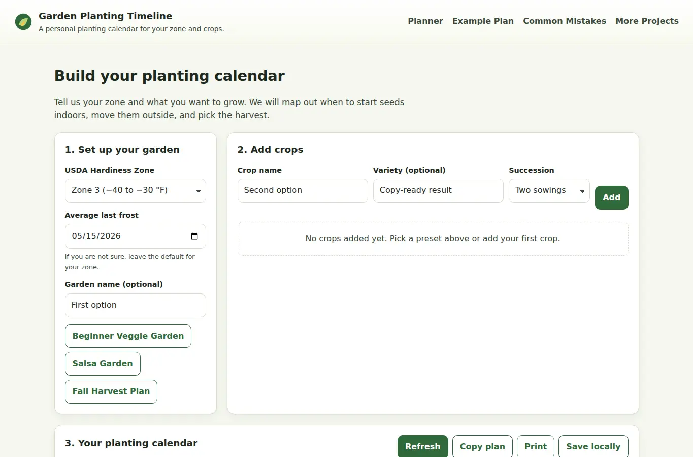 Screenshot of Garden Planting Timeline interface showing the project page in use